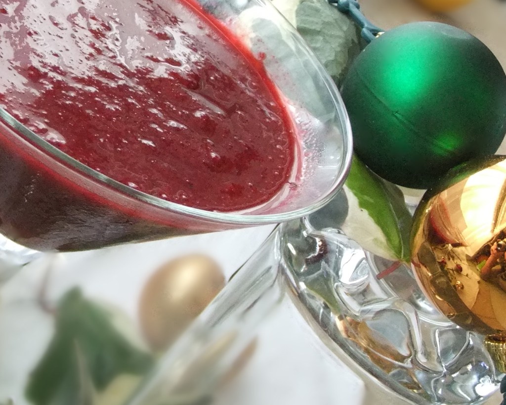 Spicy Cherry Christmas Daiquiri, green and gold baubles and ivy