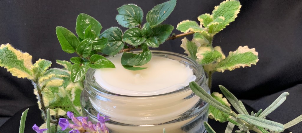 Freshly made Beeswax polish in a glass jar surrounded by fresh Spearmint, Oregano and Lavender leaves.  Essential oils from these plants can be used in the finished product