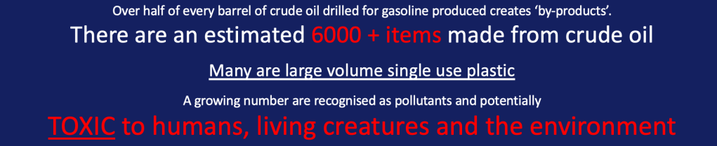 Blue background with white and red coloured text which reads "Over half of every barrel of crude oil drilled for gasoline produced creates ‘by-products’.
There are an estimated 6000 + items made from crude oil

Many are large volume single use plastic

A growing number are recognised as pollutants and potentially 
TOXIC to humans, living creatures and the environment"
