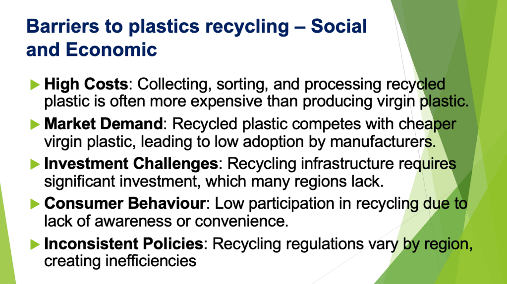 Image of slide titled Barriers to plastic recycling - Social and Economic 