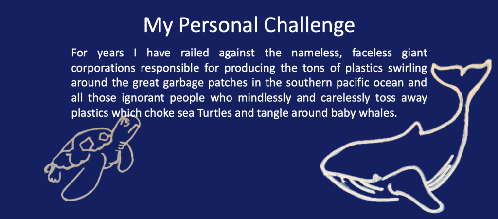 An image with blue background, white text which reads: For years I have railed against the nameless, faceless giant corporations responsible for producing the tons of plastics swirling around the great garbage patches in the southern pacific ocean and all those ignorant people who mindlessly and carelessly toss away plastics which choke sea turtles and tangle around baby whales." A simple drawing of a turtle with a sad face and a dodgy simple drawing of a whale.