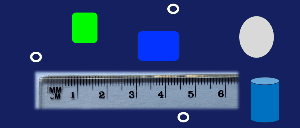 Blue background with a photo of the MM/CM markings 0 to 6 cm of a ruler - not at all to scale! and some notional shapes of plastic dental floss containers to illustrate that these containers and their integral and removable parts are smaller than 4 cm and therefore will fail the sorting process.
