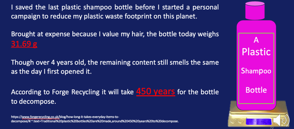An image on blue background with white and red text the same as below starting "I saved the last... and ending  ....bottle to decompose".  On the right is an image of a set of scales with a lurid pink bottle with a label saying "A Plastic Shampoo Bottle".