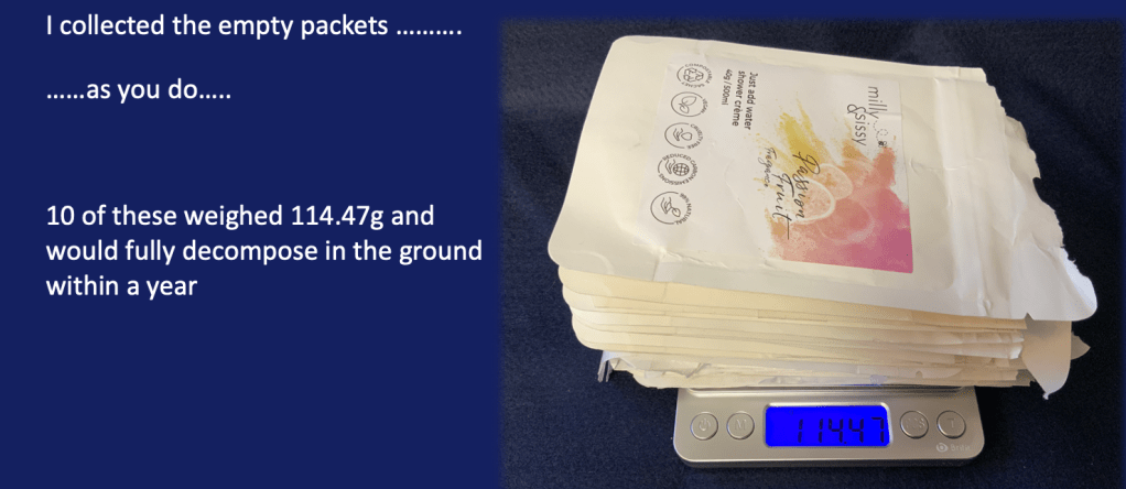 Image, blue background with white text "I collected the empty packets ..... ground within a year" and a picture of a set of scales with 10 empty Milly & Sissy shower creme packets.  The scale display shows 114.47g.