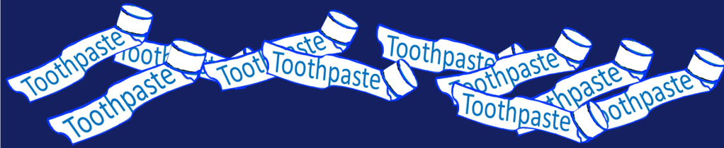Image.   Blue background with drawings of squeezed out toothpaste tubes with the word Toothpaste printed on each.