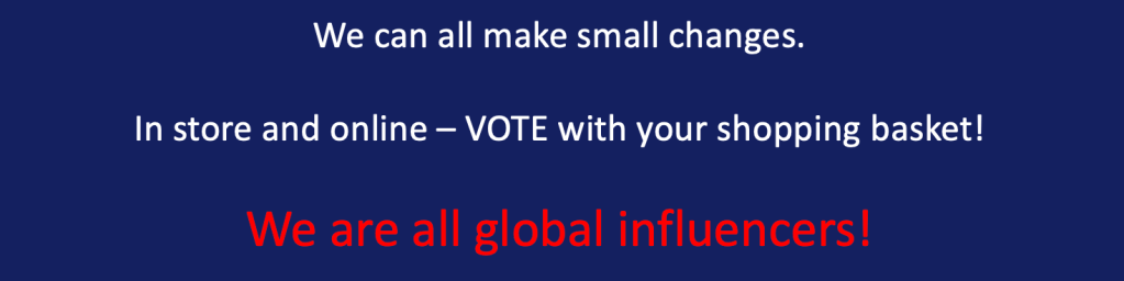 Image. Blue background with white and red text which reads "We can all make small changes.In store and online – VOTE with your shopping basket!We are all global influencers!"