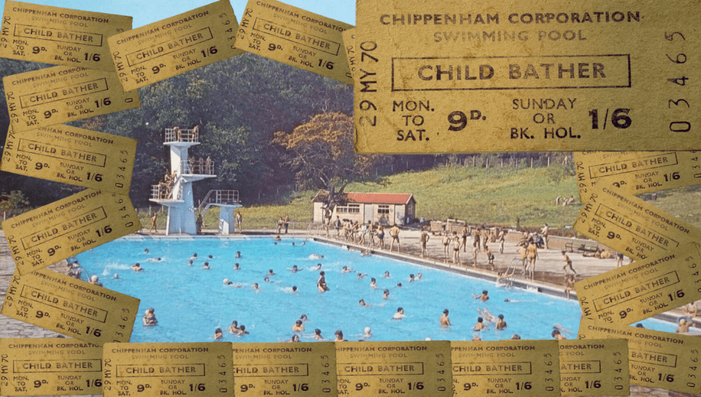 A photo of the Chippenham open air swimming pool taken in the 1970's surrounded by images of the card entrance ticket 