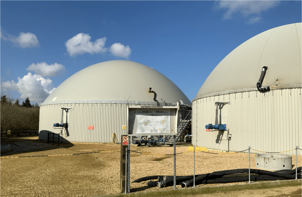 Two Biodigesters.                                                                                             The dome contains a bladder which expands as it fills with methane gas as it is released by Methanogenic bacteria