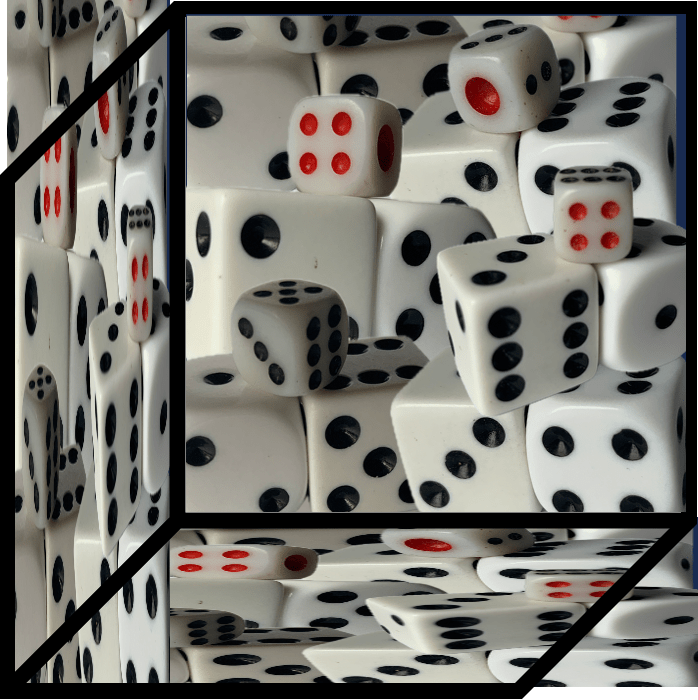 A cube containing lots of dice. According to Google a cube can be a dice as well as a toy and a magic number
